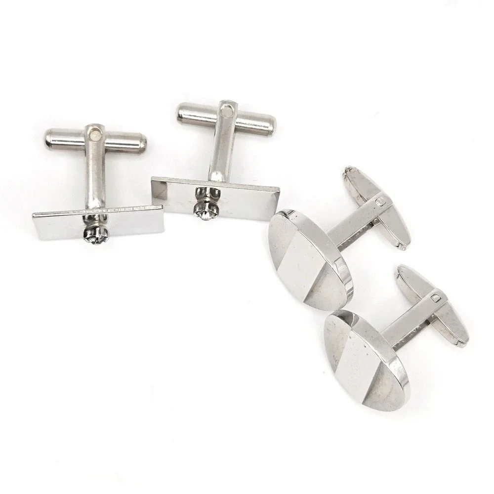Vintage Silver Tone Round & Rhinestone Rectangle Foster Cufflinks Set of 2 Pairs